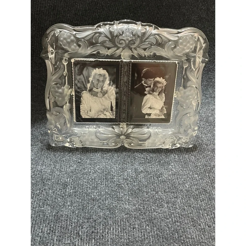 Vintage Frosted Glass Double Picture Frame Grape Vine Relief Tabletop Ornate